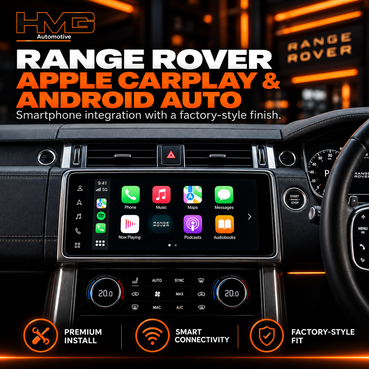 A car infotainment display mounted in a luxury vehicle dashboard, showing Apple Carplay and Android Auto app icons. Large promotional text reads 'RANGE ROVER APPLE CARPLAY & ANDROID AUTO' with 'HMG Automotive' branding, and feature callouts along the bottom.