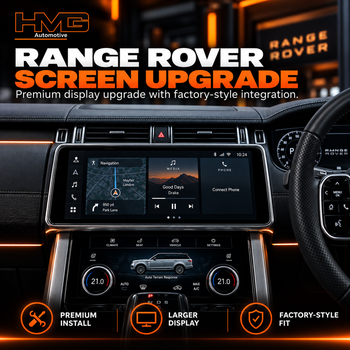 Promotional graphic for an HMG Automotive Range Rover screen upgrade, showing a large central touchscreen display mounted in a luxury car's dashboard with orange ambient lighting and Range Rover branding.
